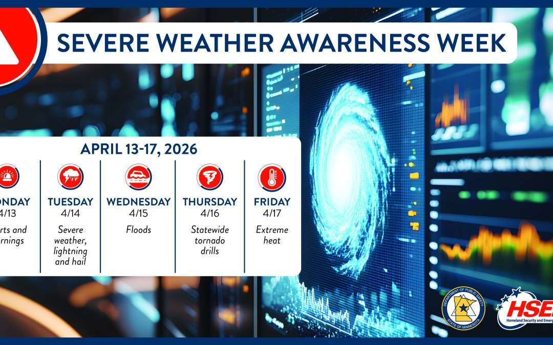 Graphic announcing severe weather awareness week for Minnesota April 13-17, 2026, listing theme days each weekday: Monday, Alerts and warnings; Tuesday, Severe weather, lightning, and hail; Wednesday, Floods; Thursday, Tornadoes and statewide drills; Friday: Extreme heat